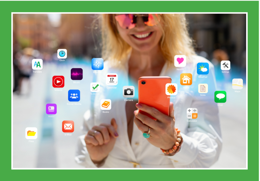 A lady dressed in white is holding a smartphone, around her are the icons of many apps floating in the air