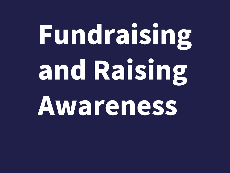 Text reads 'Fundraising and Raising Awareness' in bold white text on a dark blue background