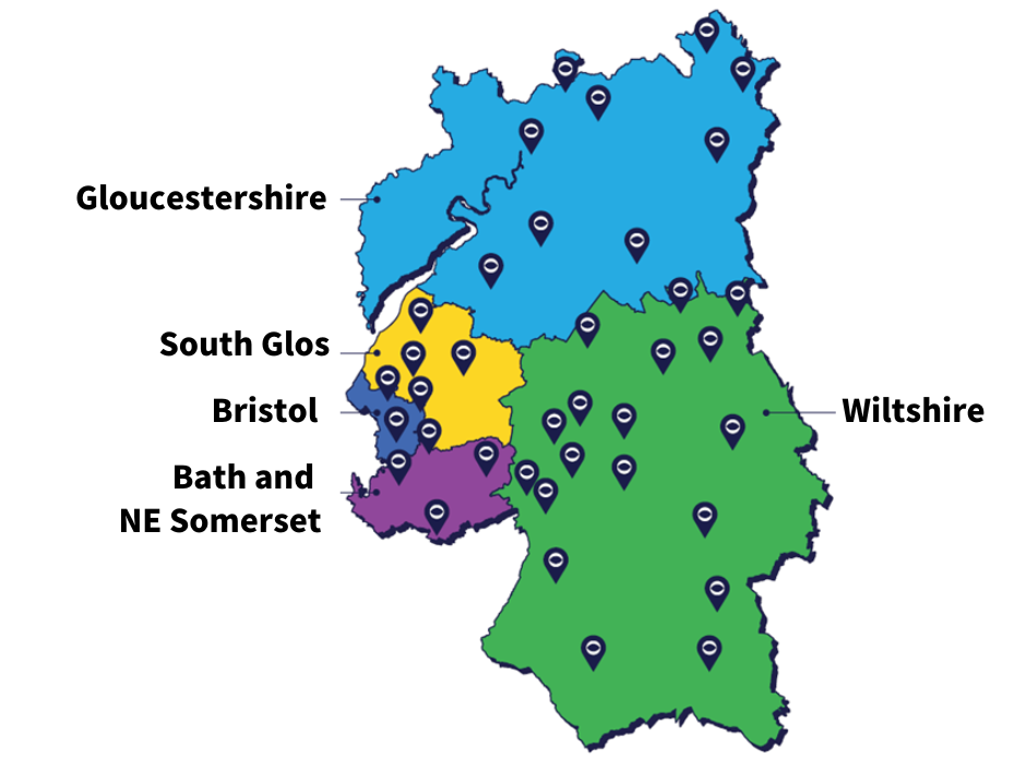 A map showing Gloucestershire, South Glos, Bristol, Band and NE Somerset and Wiltshire